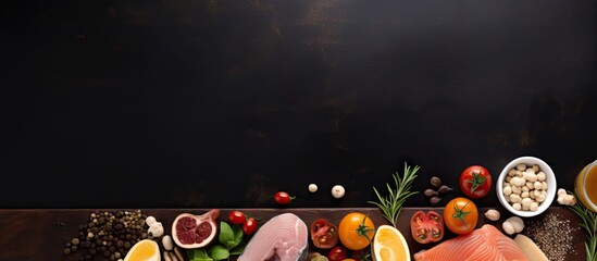 Copy space image Raw fish meat poultry cheese fruits vegetables olive oil and peanuts arranged on a dark brown marble surface along with a wooden cutting board seen from the top view - Powered by Adobe
