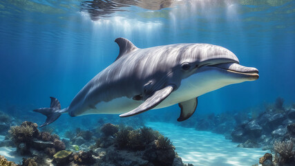 Fototapeta premium Happy Cute Dolphin Swimming In Its Natural Habitat Looking For Food Underwater Photography Style 300 PPI High Resolution Image