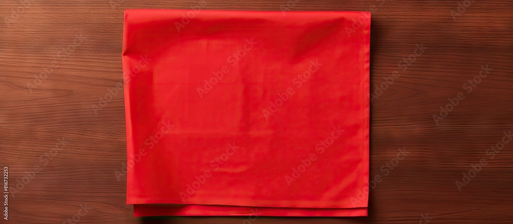 Aufkleber The red kitchen napkin is placed on a table viewed from the top The folded cloth is isolated and ready for use in a mockup Flat lay photography is used for a minimalist aesthetic Copy space is availab