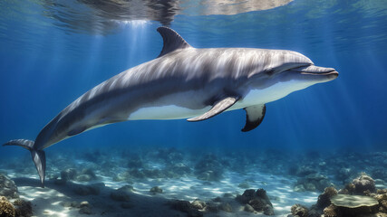 Fototapeta premium Happy Cute Dolphin Swimming In Its Natural Habitat Looking For Food Underwater Photography Style 300 PPI High Resolution Image