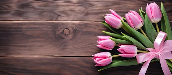 Top view of a grungy wooden background adorned with a beautiful bouquet of pink tulips tied with a ribbon Ample space for text provided