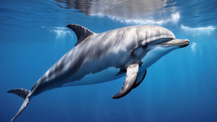 Fototapeta premium Happy Cute Dolphin Swimming In Its Natural Habitat Looking For Food Underwater Photography Style 300 PPI High Resolution Image