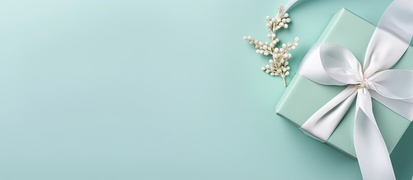 Copy space image of a top view flat lay featuring a white gift box adorned with a tiffany satin ribbon against a serene mint blue backdrop
