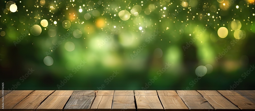 Poster Image of a rustic wooden board with a vibrant green bokeh background. with copy space image. Place for adding text or design