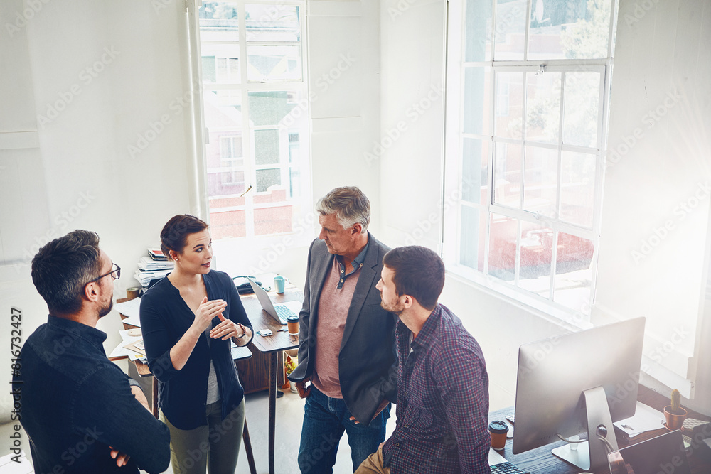 Poster above, business and people in meeting for marketing discussion in office by networking, presentation