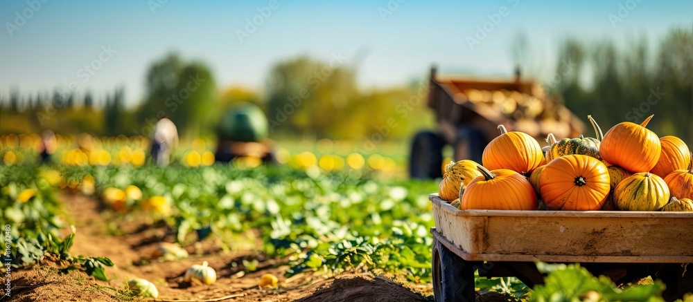 Poster A field with a variety of ripe pumpkins sits in the background while someone harvests the autumn crop using a garden cart Copy space image