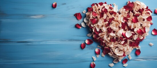 A wooden heart shaped decor on a blue background embellished with rose petals as a Valentine s Day copy space image