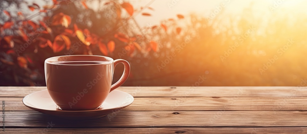 Poster relaxing cup of tea on a wooden table with light texture represents relaxation holidays and weekends