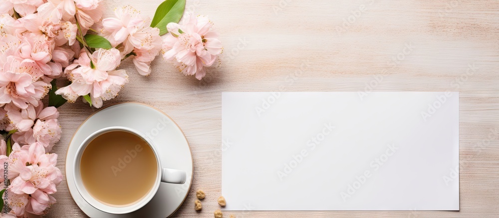 Poster top view of a breakfast scene with a cup of coffee a flower and an empty card placed on the table cr