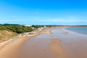 Aerial photo of the beautiful town of Filey in the UK, showing the beach front on a sunny summers day