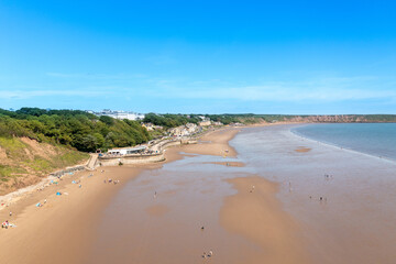 Aerial photo of the beautiful town of Filey in the UK, showing the beach front on a sunny summers...