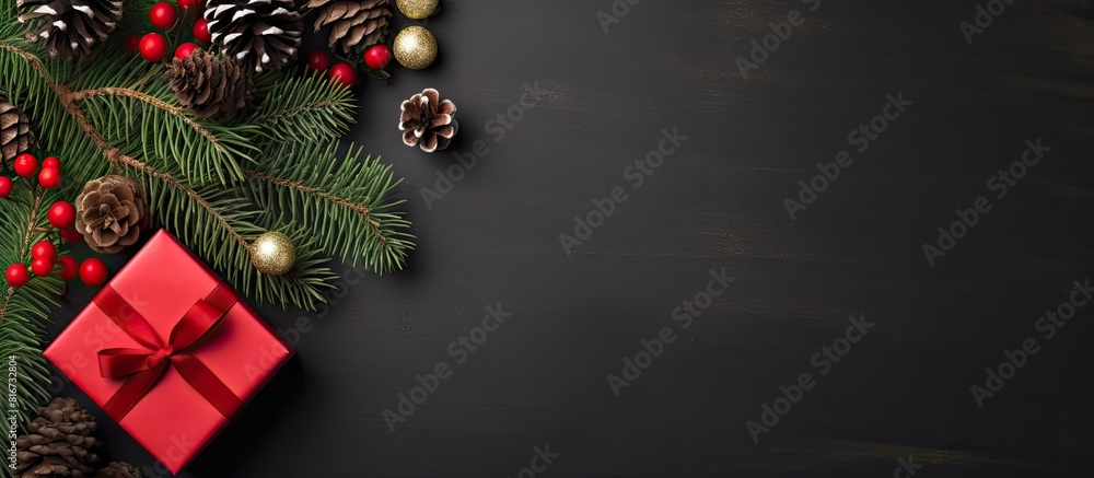 Poster a copy space image showcasing a festive christmas background with a top down perspective of a gift b