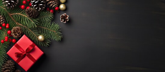 A copy space image showcasing a festive Christmas background with a top down perspective of a gift box surrounded by spruce branches pine cones red berries and a bell