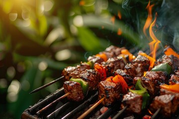Closeup of sizzling kebabs on a smoking barbecue grill, surrounded by vibrant green foliage