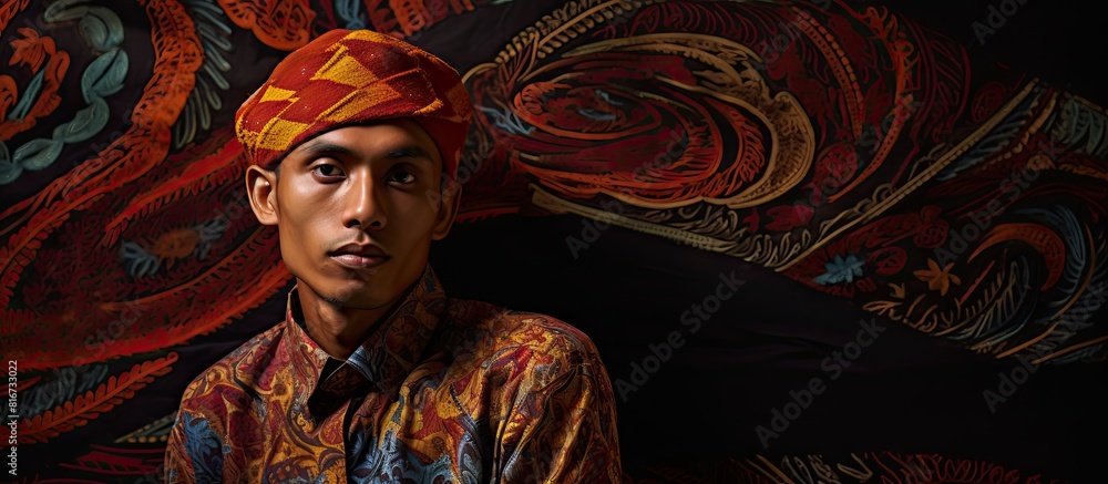 Poster A vibrant Blangkon a batik fabric headpiece traditionally worn by men in Java adding a touch of color and culture to their ensemble. with copy space image. Place for adding text or design