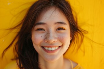 A closeup of a charming young woman of East Asian heritage smiling brightly against a vibrant sunflower yellow backdrop - Powered by Adobe