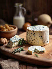 Blue cheese on the rustic wooden table in rustic farm kitchen, healthy countryside lifestyle concept.