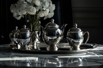 A silver coffee set placed elegantly on a marble table, reflecting the sleek and modern design of the setting