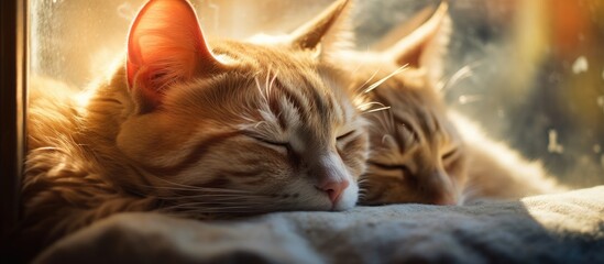 Two cats peacefully slumbering next to the window with copy space image