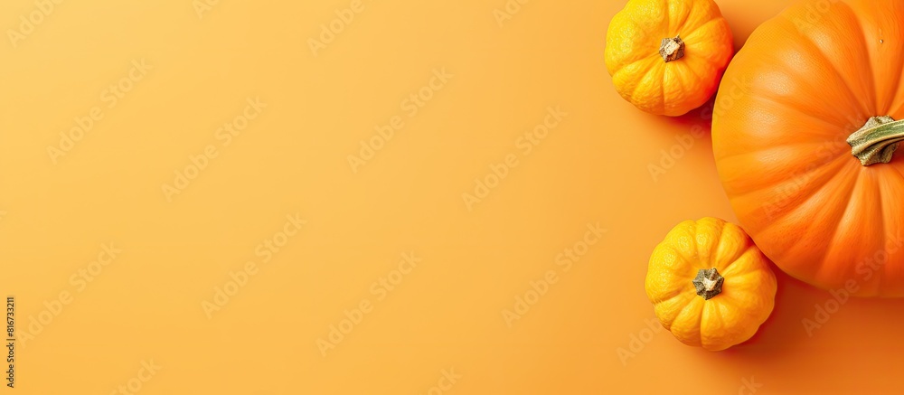 Poster A top down view of pumpkin and orange fruits placed on a light orange background providing ample space for copy or text in the image