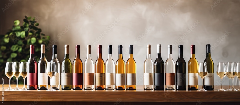 Poster a wine tasting concept featuring luxurious red and white wine bottles arranged on a table in a home 