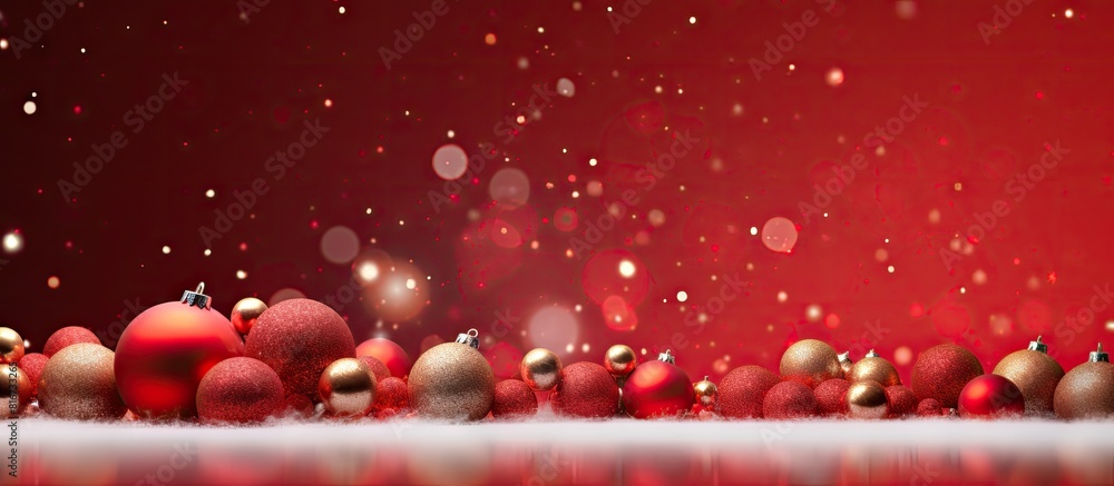 Poster the red background is filled with a composition of christmas gifts balls and confetti creating a fes