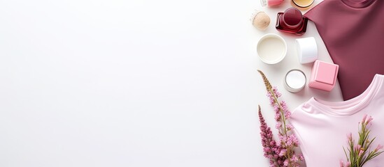 Stylish t shirt cosmetics and accessories arranged on a light background for a visually appealing copy space image