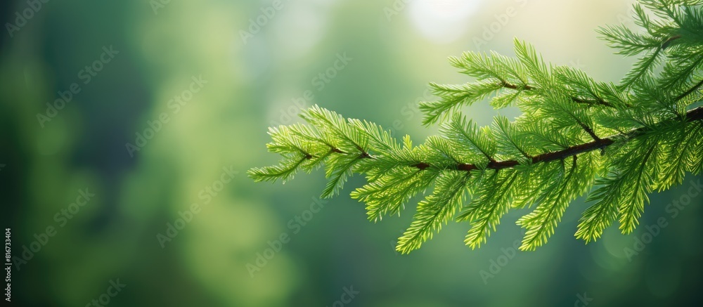 Poster Soft sunlight illuminates a close up of a vibrant green spruce tree branch in a forest setting providing ample copy space for additional content