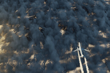 airplane with contrails flying over cloudscape in the evening sunlight. 3D Rendering