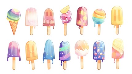 Fototapeta premium Assortment of Colorful and Delicious Frozen Desserts and Popsicles on White Background