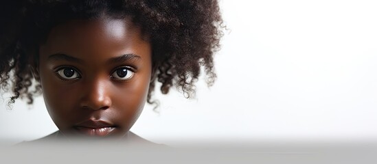 A young African American girl is featured in a close up horizontal portrait She is positioned against a white background and gazes off in a different direction The composition leaves ample copy space - Powered by Adobe