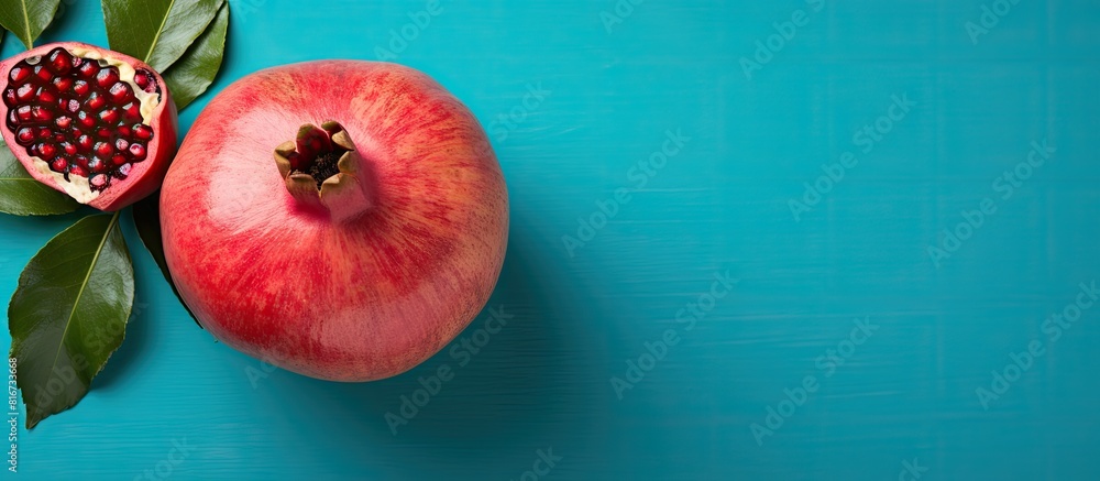 Poster top view of a vibrant succulent pomegranate against a colorful background perfect for copy space ima