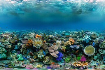 A panoramic view of a colorful and diverse coral reef teeming with marine life in crystal clear waters