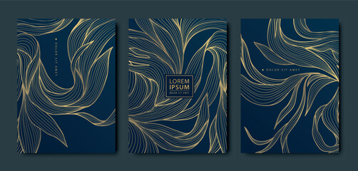 Vector set of golden leaf luxury backgrounds, wave elegant card, abstract floral line hand drawn flyers. Wedding, birthday Japanese motif brochures, black posters.