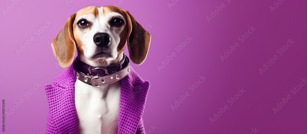 Poster Stylish collar wearing Beagle dog on a purple background with copy space for text