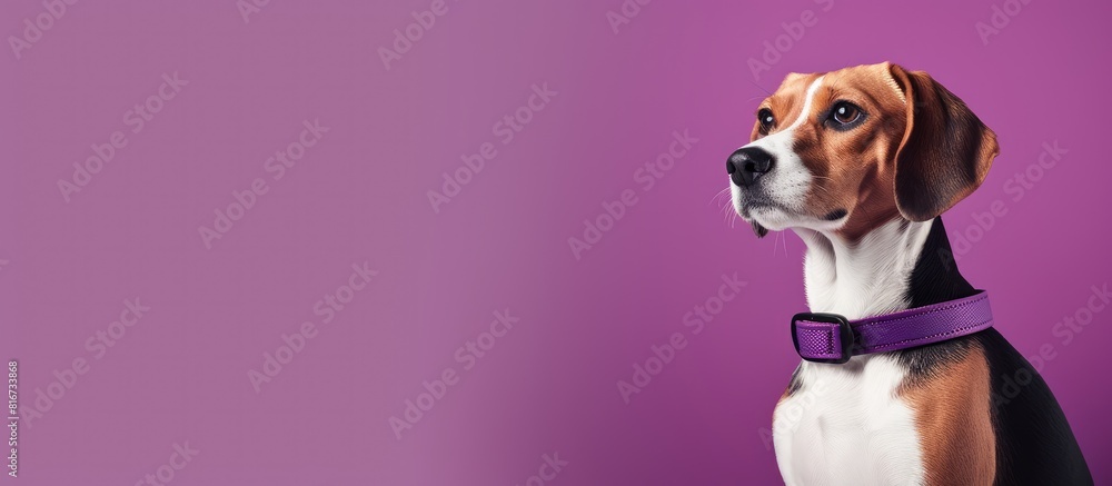 Poster Stylish collar wearing Beagle dog on a purple background with copy space for text