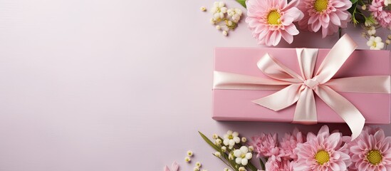 A top view of a gift box adorned with a pink ribbon and flowers perfectly illustrating a birthday wedding or holiday background With pastel colors and flat lay styling it provides ample copy space for