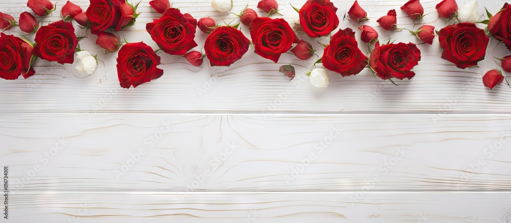 Aufkleber a copy space image with roses and red hearts arranged on a white wooden background
