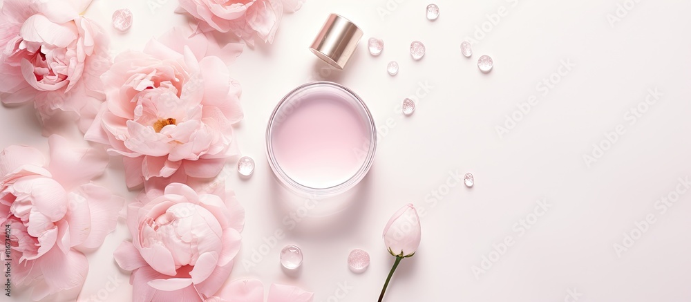 Aufkleber A top down view of cream in a jar serum in a bottle and a facial roller made of crystal rose quartz on a white background The arrangement is presented in a flat lay style with ample copy space for cu