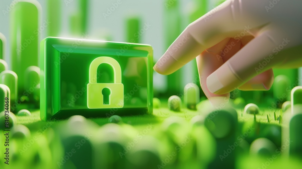 Aufkleber illustration of a hand cursor pointing at a green password bar with a lock icon. symbol for security