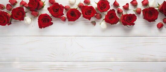A copy space image with roses and red hearts arranged on a white wooden background