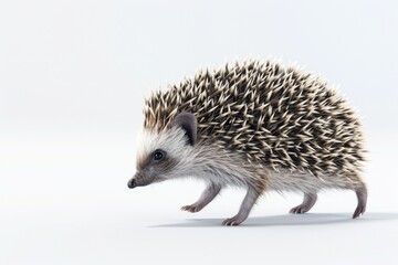 Fototapeta premium A small hedgehog walking across a white surface. Ideal for nature and animal themed designs