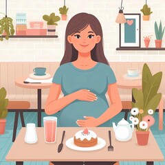 pregnant woman in cafe eating breakfast, generative ai