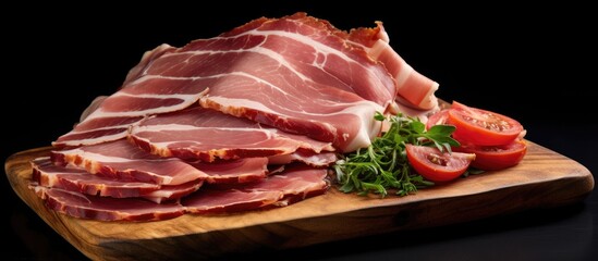 Obraz premium Top view of Italian Prosciutto cotto slices of pork ham on a cutting board with a black background featuring a copy space image