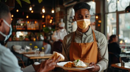 Server Delivering Food in Mask.
