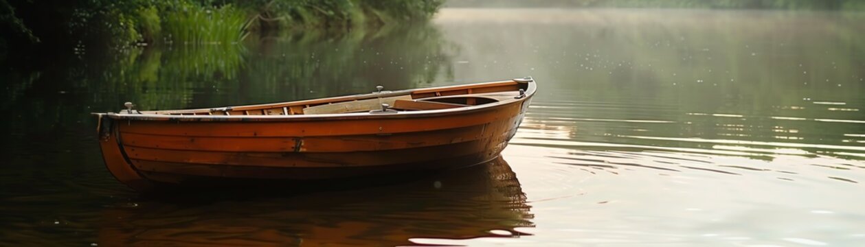 A wooden rowboat sits calmly in the still water of a lake, its oars resting in the oarlocks
