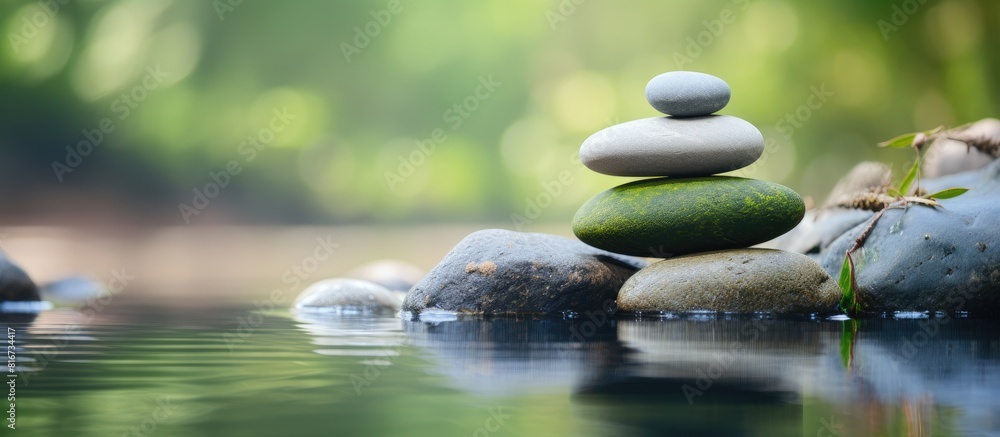 Poster The Zen stone is a representation of both balance and meditation with a serene and harmonious presence It can be used as a focal point for relaxation and mindfulness practices. with copy space image