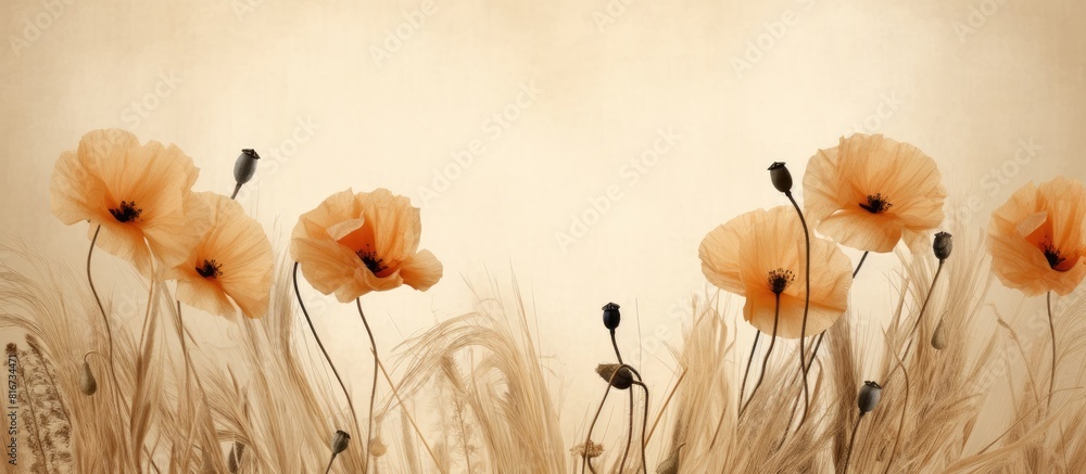 Aufkleber An image of a textured old paper background featuring dry seed pods of breadseed poppy. with copy space image. Place for adding text or design