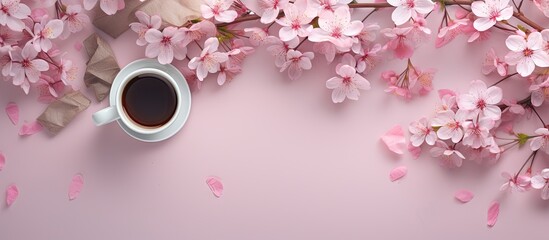 A stylish textured background serves as the stage for a springtime pink themed desktop workspace The composition viewed from the top includes mockups and creates a creative flat lay image for a blog