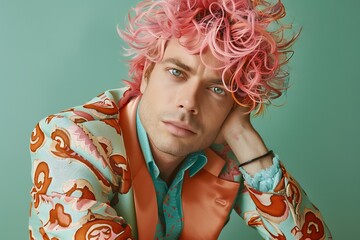 A man with a shock of pink hair, dressed in a flamboyant, patterned suit, confidently posing in front of a mint green background.